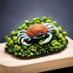 An image showcasing a succulent crab covered in barnacles, nestled on a bed of vibrant green seaweed