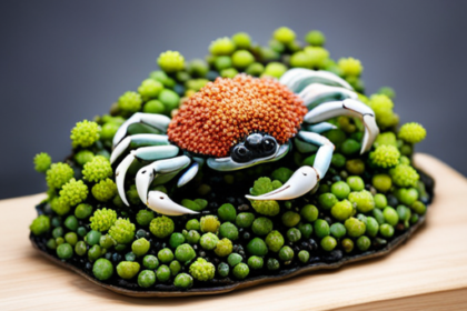 An image showcasing a succulent crab covered in barnacles, nestled on a bed of vibrant green seaweed