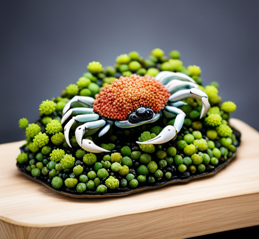 An image showcasing a succulent crab covered in barnacles, nestled on a bed of vibrant green seaweed