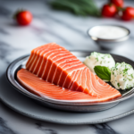 An image capturing the essence of a perfectly sliced, vibrant pink salmon fillet partially frozen on a gleaming silver platter