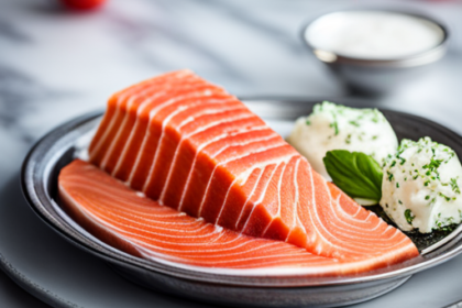 An image capturing the essence of a perfectly sliced, vibrant pink salmon fillet partially frozen on a gleaming silver platter