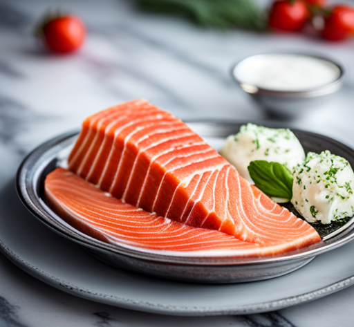 An image capturing the essence of a perfectly sliced, vibrant pink salmon fillet partially frozen on a gleaming silver platter