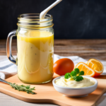 An image showcasing a jar of homemade mayonnaise, with a fresh egg yolk being incorporated into a creamy mixture