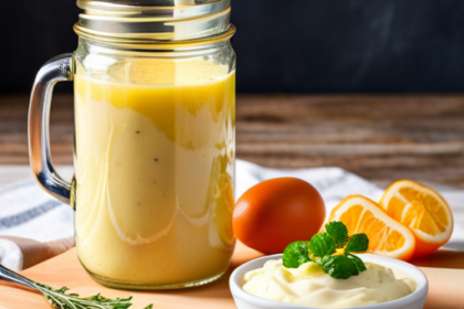 An image showcasing a jar of homemade mayonnaise, with a fresh egg yolk being incorporated into a creamy mixture