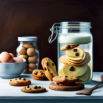 An image showcasing a glass jar filled with rich, creamy cookie dough, nestled in a refrigerator alongside fresh ingredients like eggs, flour, and chocolate chips