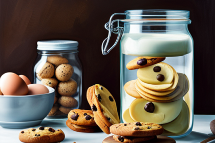 An image showcasing a glass jar filled with rich, creamy cookie dough, nestled in a refrigerator alongside fresh ingredients like eggs, flour, and chocolate chips