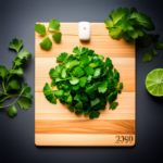 An image showcasing a fresh bunch of cilantro leaves neatly arranged on a kitchen cutting board