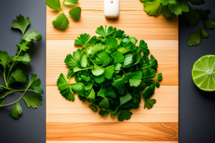 An image showcasing a fresh bunch of cilantro leaves neatly arranged on a kitchen cutting board