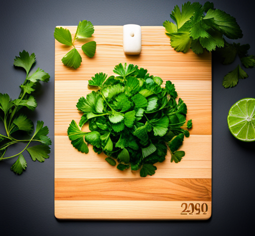 An image showcasing a fresh bunch of cilantro leaves neatly arranged on a kitchen cutting board