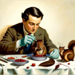 An image of a person wearing gloves, delicately inspecting a cooked squirrel on a plate