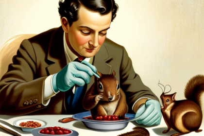 An image of a person wearing gloves, delicately inspecting a cooked squirrel on a plate