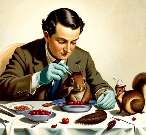 An image of a person wearing gloves, delicately inspecting a cooked squirrel on a plate