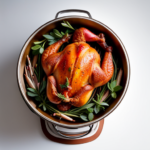 An image showcasing a succulent whole chicken, perched upright on a beer can, surrounded by aromatic herbs and spices, grilling on a barbecue