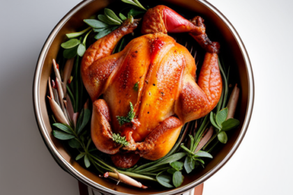 An image showcasing a succulent whole chicken, perched upright on a beer can, surrounded by aromatic herbs and spices, grilling on a barbecue