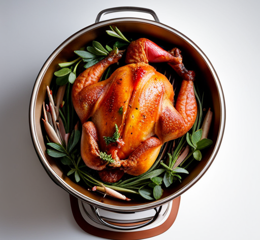 An image showcasing a succulent whole chicken, perched upright on a beer can, surrounded by aromatic herbs and spices, grilling on a barbecue