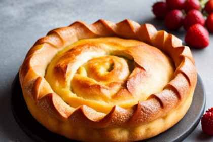 An image showcasing a perfectly golden, flaky pastry crust with a glistening sheen, deeply rich in color