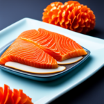 An image showcasing a pristine, icy blue plate, adorned with glistening slices of perfectly marbled, deep orange raw salmon