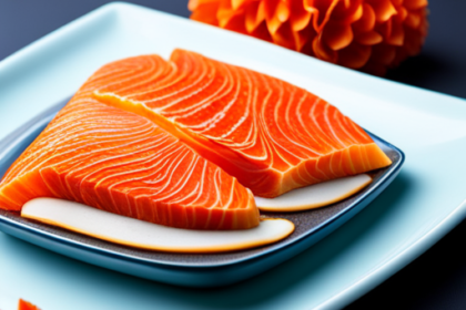 An image showcasing a pristine, icy blue plate, adorned with glistening slices of perfectly marbled, deep orange raw salmon