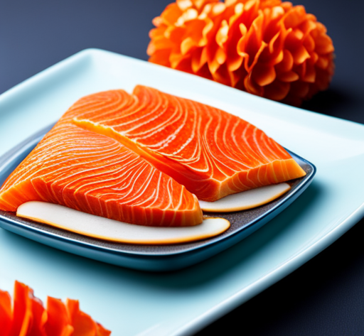 An image showcasing a pristine, icy blue plate, adorned with glistening slices of perfectly marbled, deep orange raw salmon