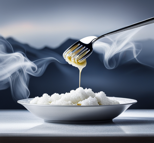 An image capturing the moment when a fork hesitates above a thawed frozen dinner, revealing steam rising from its perfectly cooked contents, enticingly contrasting with the icy crystals still clinging to the package