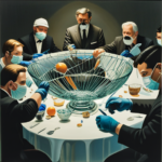 An image depicting a shattered glass bowl on a pristine white table, surrounded by a group of concerned individuals wearing gloves and masks, deliberating the safety of consuming broken glass