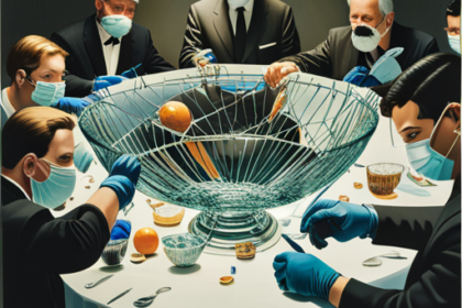 An image depicting a shattered glass bowl on a pristine white table, surrounded by a group of concerned individuals wearing gloves and masks, deliberating the safety of consuming broken glass