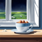 An image of a room with a windowsill displaying a plate of hard-boiled eggs covered in condensation, surrounded by flies buzzing around