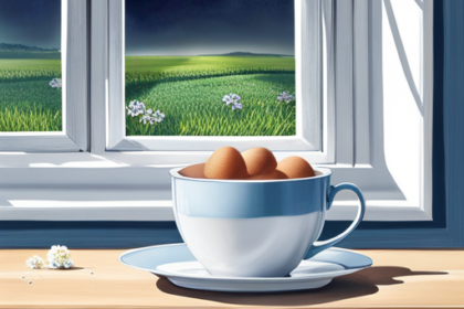 An image of a room with a windowsill displaying a plate of hard-boiled eggs covered in condensation, surrounded by flies buzzing around