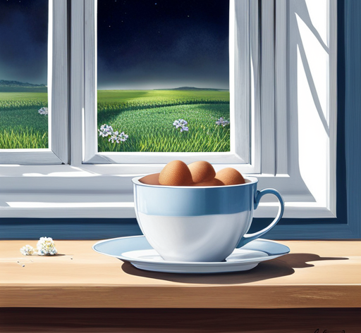 An image of a room with a windowsill displaying a plate of hard-boiled eggs covered in condensation, surrounded by flies buzzing around