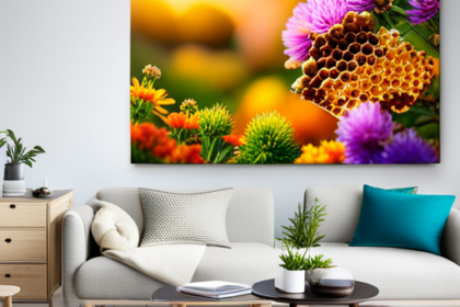 An image showcasing a close-up shot of a pristine honeycomb, glistening with golden hues