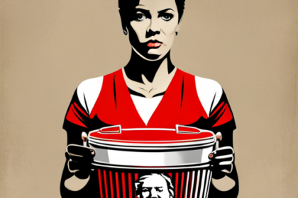 An image depicting a pregnant woman with a concerned expression, holding a KFC bucket in one hand while gesturing a questioning gesture with the other hand