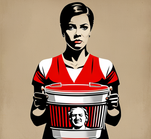 An image depicting a pregnant woman with a concerned expression, holding a KFC bucket in one hand while gesturing a questioning gesture with the other hand