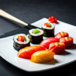 an image of a plate filled with colorful sushi rolls, glistening with freshness