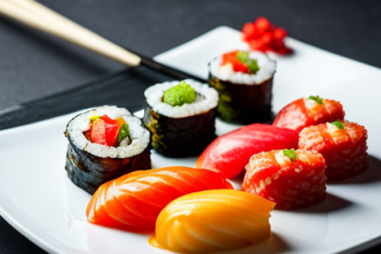 an image of a plate filled with colorful sushi rolls, glistening with freshness