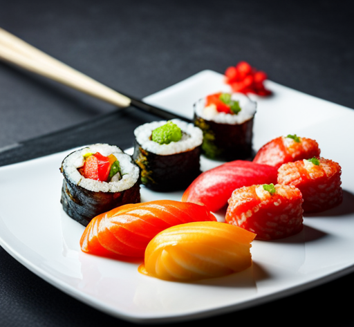 an image of a plate filled with colorful sushi rolls, glistening with freshness