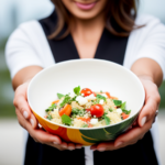 An image showcasing a serene pregnant woman indulging in a colorful bowl of quinoa salad, brimming with vibrant vegetables and dotted with feta cheese, radiating freshness, vitality, and nourishment