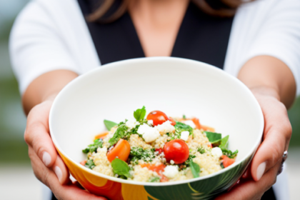 An image showcasing a serene pregnant woman indulging in a colorful bowl of quinoa salad, brimming with vibrant vegetables and dotted with feta cheese, radiating freshness, vitality, and nourishment