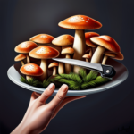 An image that depicts a hand holding a plate of vibrant, freshly picked mushrooms