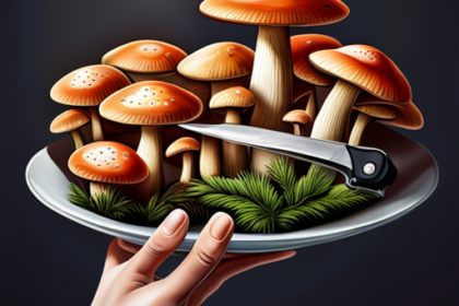 An image that depicts a hand holding a plate of vibrant, freshly picked mushrooms