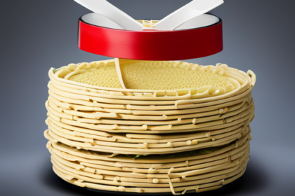 An image showcasing a split-open package of uncooked Top Ramen noodles, surrounded by caution tape and a crossed-out fork, emphasizing the potential risks of consuming raw ramen