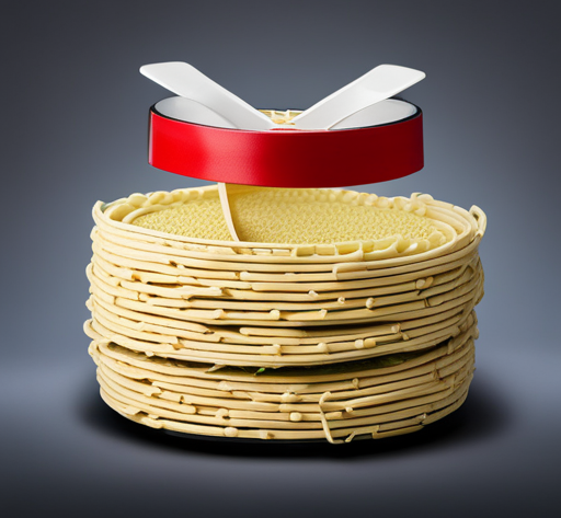 An image showcasing a split-open package of uncooked Top Ramen noodles, surrounded by caution tape and a crossed-out fork, emphasizing the potential risks of consuming raw ramen