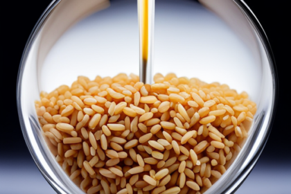 An image depicting a close-up of uncooked rice grains, juxtaposed with a thermometer showing a high temperature