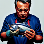 an image of a person cautiously inspecting a can of tuna, wearing a protective glove, with a questioning expression