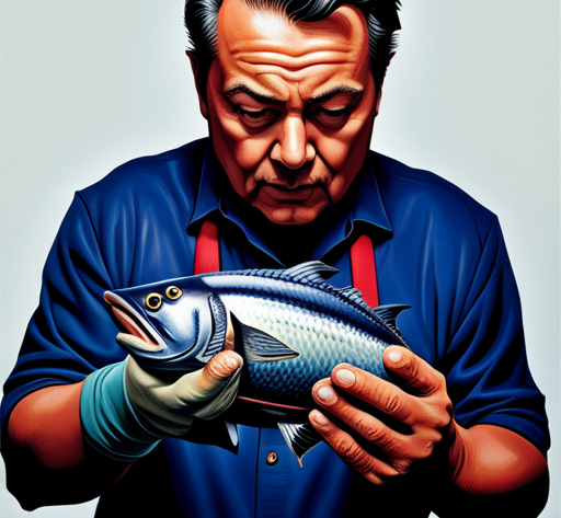 an image of a person cautiously inspecting a can of tuna, wearing a protective glove, with a questioning expression