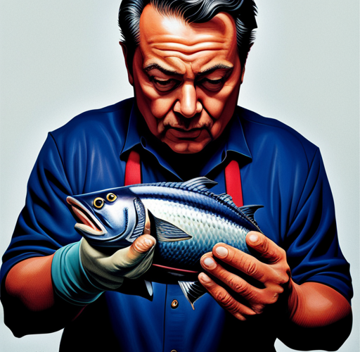 an image of a person cautiously inspecting a can of tuna, wearing a protective glove, with a questioning expression