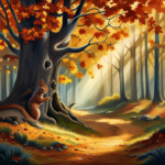 An image showcasing a serene forest scene during autumn, where a plump squirrel happily nibbles on acorns beneath a towering oak tree