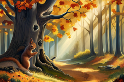 An image showcasing a serene forest scene during autumn, where a plump squirrel happily nibbles on acorns beneath a towering oak tree