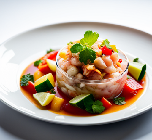 An image showcasing a vibrant plate of freshly prepared ceviche, featuring a medley of diced raw fish, tangy citrus juices, vibrant herbs, and colorful vegetables, highlighting the safe and delicious nature of this traditional dish