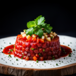 An image featuring a close-up shot of a perfectly seasoned, vibrant red steak tartare, garnished with finely chopped herbs, a drizzle of olive oil, and a sprinkle of sea salt, highlighting its freshness and deliciousness