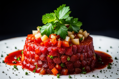 An image featuring a close-up shot of a perfectly seasoned, vibrant red steak tartare, garnished with finely chopped herbs, a drizzle of olive oil, and a sprinkle of sea salt, highlighting its freshness and deliciousness